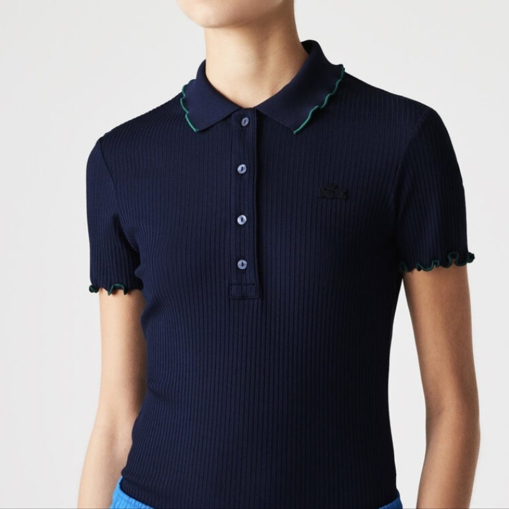 LACOSTE Navy Ribbed Polo Shirt with Green Flounced Trim SZ.32